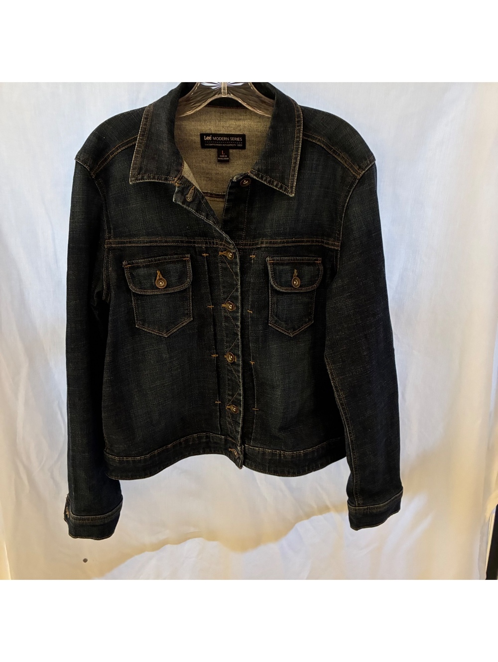 Lee Modern Series Women's Denim Jacket Dark Wash Blue Jean Trucker Size  Large